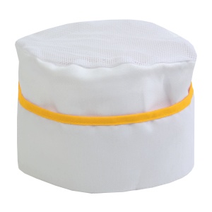 ON 30% cotton/70% polyester white chef s hat with coloured edges. One size