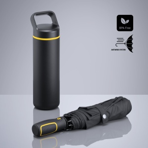 CO Outdoor Set: sticlă din oțel pentru apă 650 ml și umbrelă automată