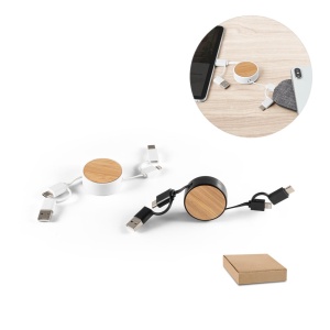 HI RUBINS. 6-in-1 retractable USB cable in recycled ABS (100% rABS) and bamboo