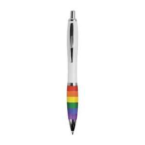 ON™ ABS plastic snap pen with white barrel, rainbow coloured grip and metal clip