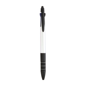 ON™ Plastic snap pen with 3 refills in blue, black and red, and touchscreen rubber tip