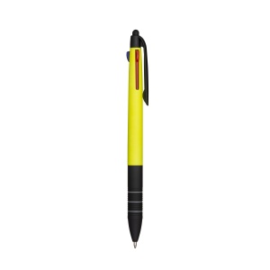 ON™ Plastic snap pen with 3 refills in blue, black and red, and touchscreen rubber tip