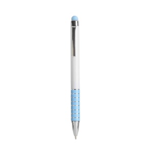 ON™ Twist pen with white plastic barrel and coloured aluminium grip, matching the touchscreen