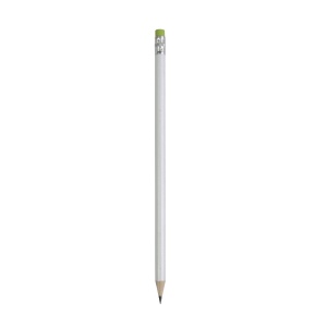 ON White wooden pencil with graphite lead, cylindrical cross-section and coloured rubber