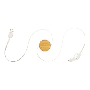 Retractable bamboo cable with 3-in-1 adapter: USB-type C / lightning / microUSB - Img 3