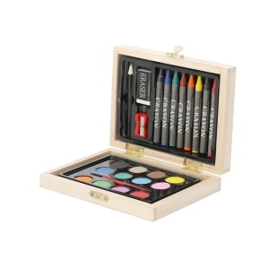 AX™ Set de pictură și desen, 24 piese, set de artizanat, creioane, pix, radieră, ascuțitoare, vopsele de apă, pensulă, cutie din lemn