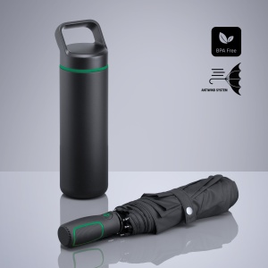 CO Outdoor Set: sticlă din oțel pentru apă 650 ml și umbrelă automată