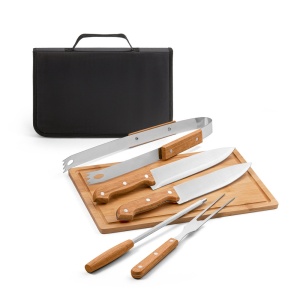 HI FLARE. Five-piece wooden and stainless steel barbecue set with bamboo board