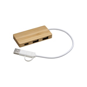 ON™ Bamboo USB hub with 2 USB A ports and 1 type C port, integrated USB A and USB C cable - Img 1