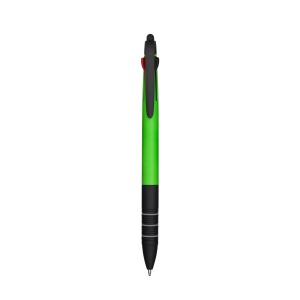 ON™ Plastic snap pen with 3 refills in blue, black and red, and touchscreen rubber tip
