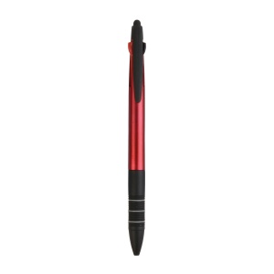 ON™ Plastic snap pen with 3 refills in blue, black and red, and touchscreen rubber tip
