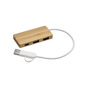 ON Hub USB Bamboo cu 2 porturi USB A și 1 port de tip C, cablu USB A și USB C integrat