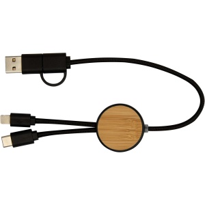 PF™ Chechia 5-in-1 recycled plastic 30 cm data sync and 27W fast charge cable with bamboo details