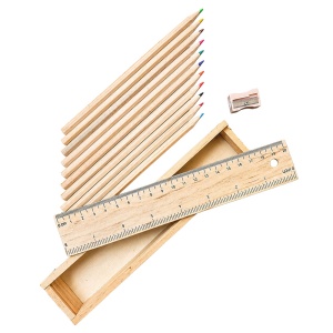 Wooden box containing 12 wooden colouring pencils with hexagonal cross-sections - Img 2