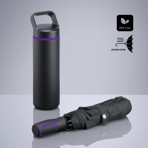 CO Outdoor Set: sticlă din oțel pentru apă 650 ml și umbrelă automată