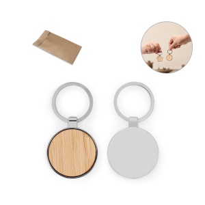 HI GASTON ROUND. Round iron keychain in zinc and bamboo