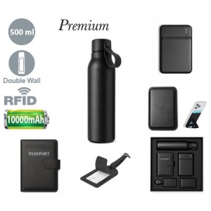 MAK Naven - Travel Set Insulated Bottle Stainless Steel, 500. Power Bank 10000 mAh, 2 USB Outputs, 1 Type C Output and Input, 1 Micro USB Input Passport Holder PU, RFID Protected, 8 Compartments. Luggage Tag PU. Card Holder Stand PU, Magnetic, 1 Compartment