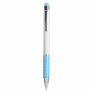 ON™ Twist pen with white plastic barrel and coloured aluminium grip, matching the touchscreen