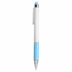ON™ Twist pen with white plastic barrel and coloured aluminium grip, matching the touchscreen