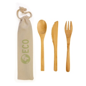 ON Bamboo cutlery set in cotton pouch