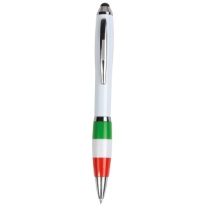 ON Plastic twist pen with white barrel, Italian flag-coloured grip and touchscreen rubber tip