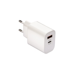 ABS USB wall charger with 1 USB A port and 1 USB-C port. With 2-pin European plug