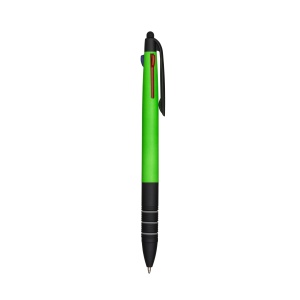 ON™ Plastic snap pen with 3 refills in blue, black and red, and touchscreen rubber tip