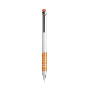 ON™ Twist pen with white plastic barrel and coloured aluminium grip, matching the touchscreen