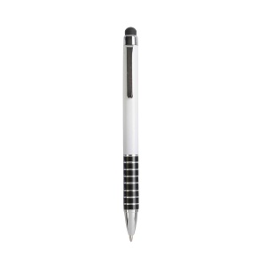 ON™ Twist pen with white plastic barrel and coloured aluminium grip, matching the touchscreen