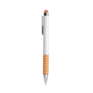 ON™ Twist pen with white plastic barrel and coloured aluminium grip, matching the touchscreen