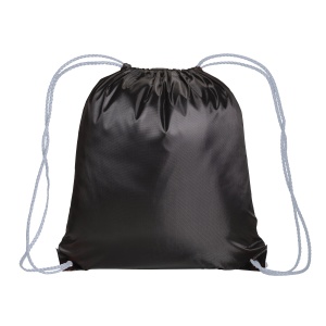 ON™ Black 210T polyester backpack with drawstring closure, reinforced black corners
