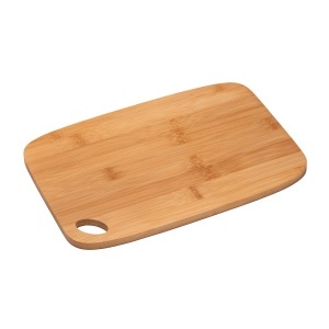 ON Bamboo kitchen cutting board with rounded corners and hanging hole.