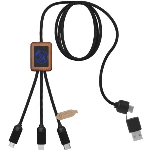 PF™ SCX.design C38 5-in-1 rPET light-up logo charging cable with squared wooden casing