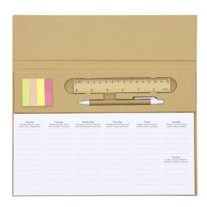 MAK Isan - Weekly Planner Recycled Cardboard 125 Sheets. 7 Languages. 100 Mini Sticky Notes 1,2 x 4,5 cm. Recycled Cardboard Pen and Wood Ruler Included