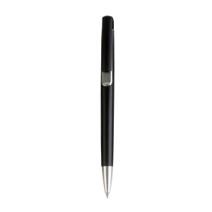 ON™ Plastic snap pen with black barrel and metallic tip and detail