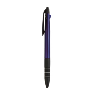 ON™ Plastic snap pen with 3 refills in blue, black and red, and touchscreen rubber tip