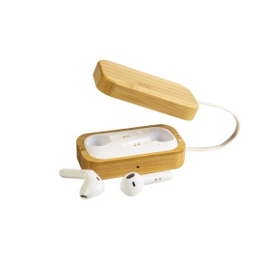 ON Bluetooth earbuds with bamboo charging box, with silicone handle and micro USB cable