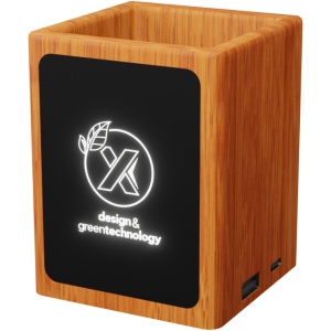 PF™ SCX.design O12 wooden light-up logo pencil holder with dual USB output