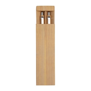 Set of two bamboo snap-in pens, one with touch screen eraser. Metal clip and black refill - Img 2