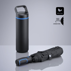 CO Outdoor Set: sticlă din oțel pentru apă 650 ml și umbrelă automată
