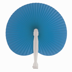 Coloured paper hand fan with white plastic handle, 26 cm long, 24 cm diameter when open - Img 2