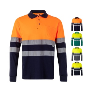 HI VL PLUTO. Two-tone piqué polo shirt (150g/m²) with long sleeves, in cotton (55%) and polyester (45%)