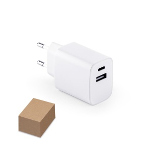 HI WEGENER. Adaptor de alimentare cu port USB-A 18W și USB-C 20W în ABS 100% reciclat (100% rABS)