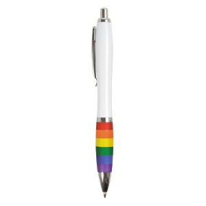 ON™ ABS plastic snap pen with white barrel, rainbow coloured grip and metal clip