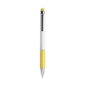 ON™ Twist pen with white plastic barrel and coloured aluminium grip, matching the touchscreen