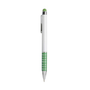 ON™ Twist pen with white plastic barrel and coloured aluminium grip, matching the touchscreen