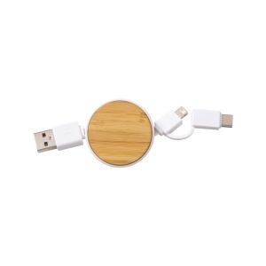 ON Cablu retractabil din bambus cu adaptor 3 în 1: USB tip C / Lightning / microUSB