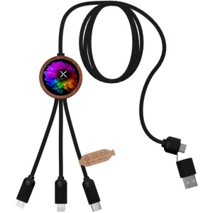 PF Cablu de încărcare SCX.design C37 40W 5-în-1 din rPET cu logo luminos și carcasă rotundă din lemn