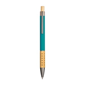 Rubberized recycled aluminum snap pen. Burnished details , bamboo button and grip