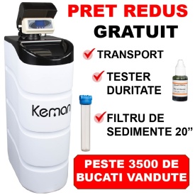 Dedurizator apa KEMAN 5-9 persoane, TKS 30 l, volumetric, ora de regenerare setabila, CADOU: Filtru sediment + Tester Duritate (NOU)